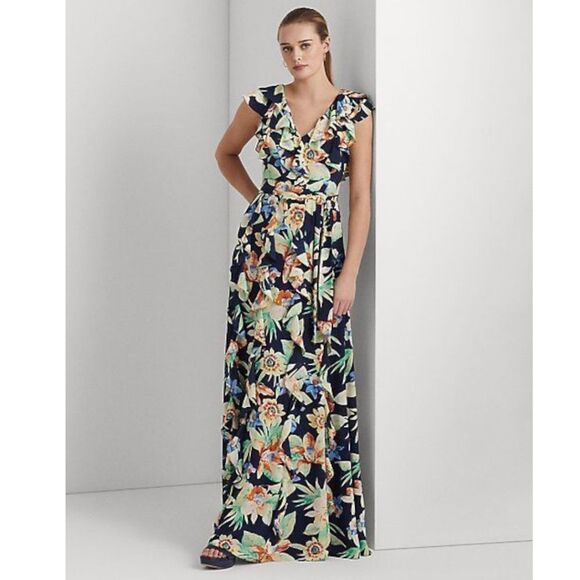 Lauren Ralph Lauren Floral Crinkle Georgette Gown Ruffled Maxi Dress Women's 14 - Picture 2 of 11